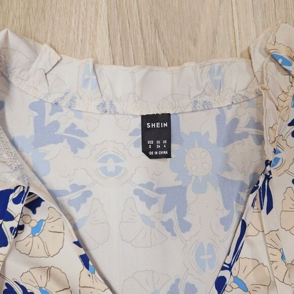 SHEIN Women Cream Blue Floral Damask Dress Size Small - Picture 3 of 6